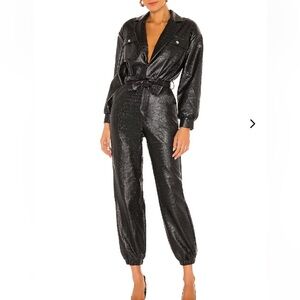 Lovers + Friends Tag Black Faux Leather Croc embossed Jumpsuit Women Sz XS
